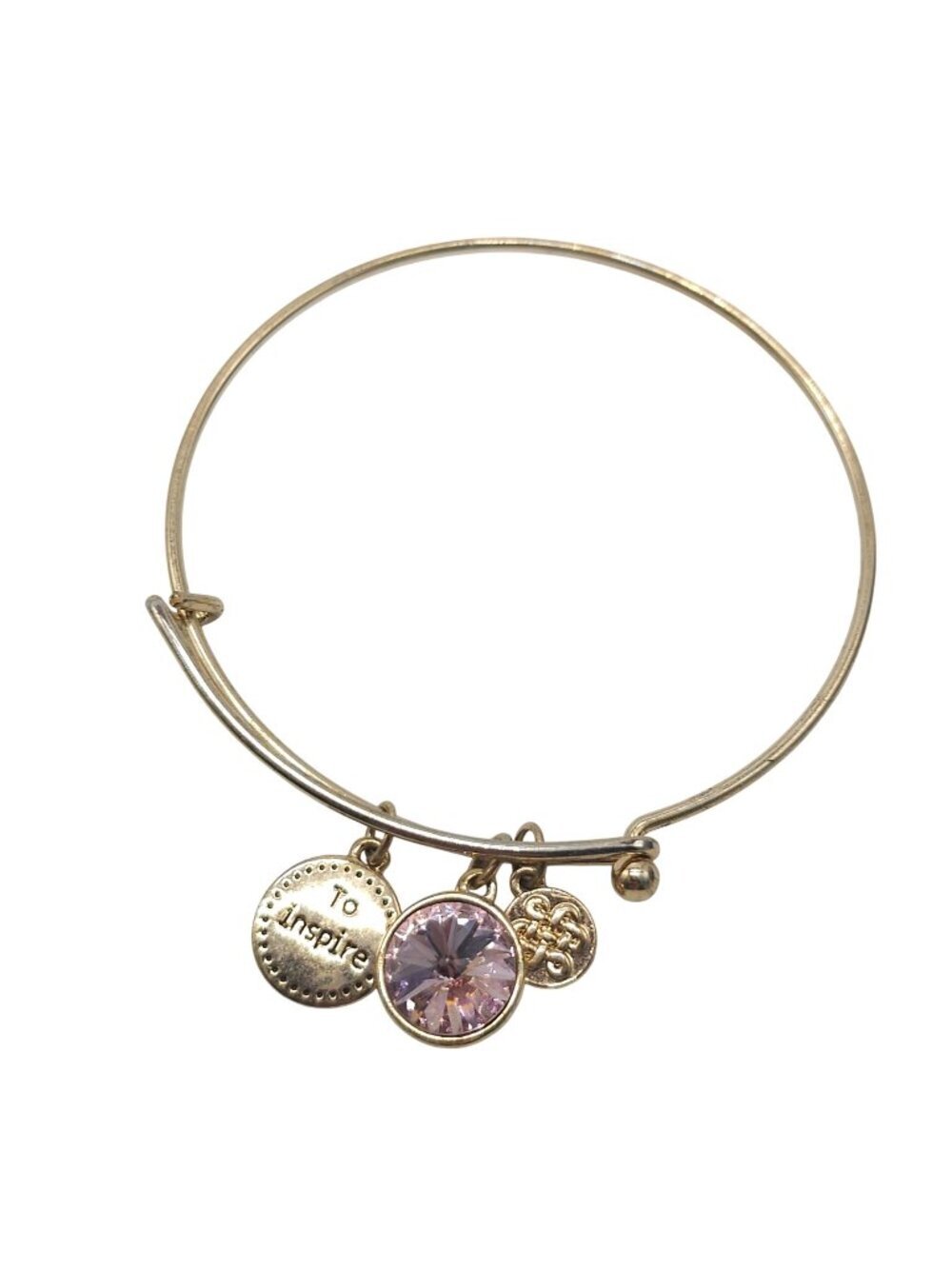 Gold Charm Bangle Bracelet With "To Inspire" Quote & Pink Crystal Accent